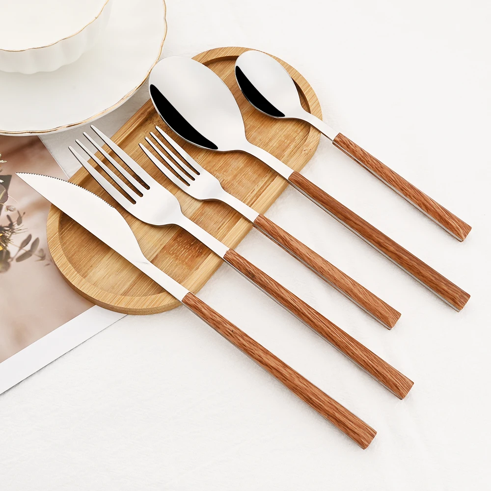 Bamboo Cutlery - 스테인레스 스틸 모조 나무 손잡이 커트레이